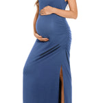 Smallshow Women's Split Long Maternity Dress Sleeveness Ruched Pregnancy Clothes X-Large Grey Blue