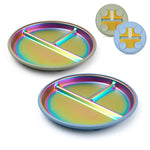 Coinicxcel Stainless Steel Toddler Plates with Suction, 9" BPA-Free Rainbow Baby Plates 2pcs with Removable Food-Grade Silicone Base, Divided Kids Plates Dishwasher Safe, Blue & Green