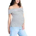 Motherhood Maternity Women’s Off-The-Shoulder Rib Knit Pregnancy Top, White/Black Stripe, Medium
