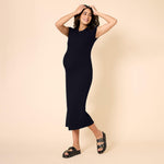 Motherhood Maternity Women's Raglan Sleeve Rib Knit Midi Pregnancy Bodycon Dress, Black, Medium