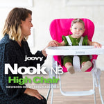 Joovy Nook NB High Chair Featuring Four-Position Adjustable Swing Open Tray, 3-Position Reclining Seat, and Front Wheels for Added Mobility - Folds Down Flat for Easy Storage, Pink Crush