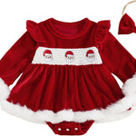 Baby Girl Christmas Outfit Velvet Bow Smocked Bubble Romper Ruffle Onesie Bodysuit Infant Fall Winter Clothes