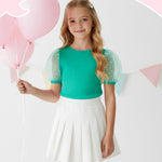 PATPAT Girls Puff Sleeve Top Size 9-10 Ribbed Short Sleeve Green Lace Blouse Girls Green Dress Shirt Cute Kids Clothes Smocked Blouse Cute Tops