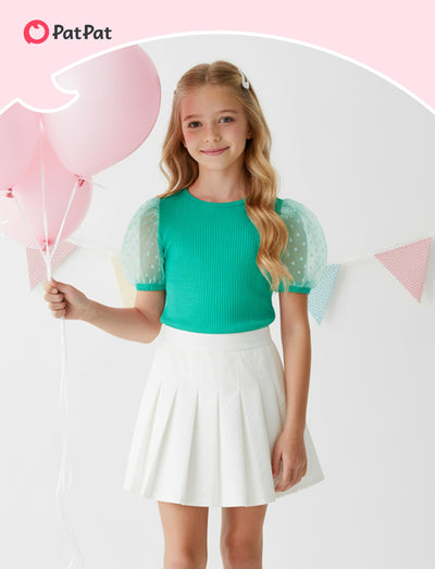 PATPAT Girls Puff Sleeve Top Size 9-10 Ribbed Short Sleeve Green Lace Blouse Girls Green Dress Shirt Cute Kids Clothes Smocked Blouse Cute Tops