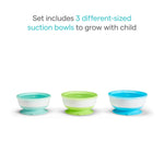 Munchkin Stay Put Suction Baby Bowls with Lids - Dishes for Babies and Toddlers, Self-Feeding Bowl Set for Kids 6+ Months, 3 Pack, Blue/Green