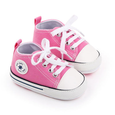 KKIIDDSS Unisex Baby Girls Boys Canvas High-top Shoes, Newborn Infant Anti-Slip Soft Sole Frist Walking Sneakers (A01/Pink Rubber Sole,6-12 Months)