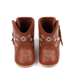 Covvoliy Baby Boys Girls Western Cowboy Boots Non-Slip Soft Sole PU Booties First Walker Crib Outdoor Shoes for Toddler (Light Brown Floral, 6-12 Months)