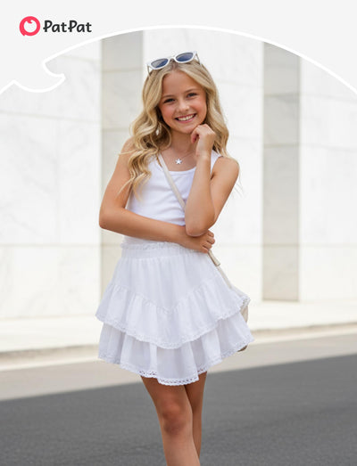 PATPAT Girls Skirt Sets Size 11-12, White Crop Tank Tops + Pleated Skirts with Built in Shorts 2 Piece Outfits, Tween Girls Trendy Clothes Y2K Outfits Streetwear