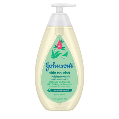 Johnson's skin nourish moisture wash bottle on a white background
