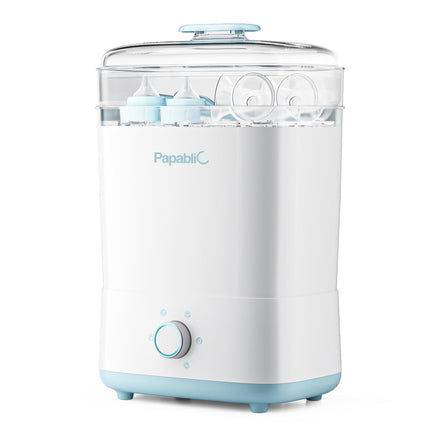 White and blue baby bottle sterilizer with 'Papablic' branding on a white background