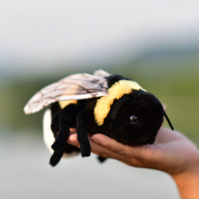 Plush bee toy held in a hand with a blurred natural background
