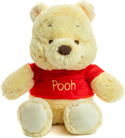 Plush bear wearing a red shirt with 'Pooh' on it against a white background
