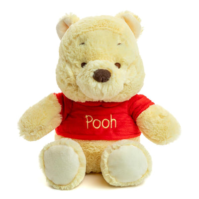 Plush bear wearing a red shirt with 'Pooh' on it against a white background