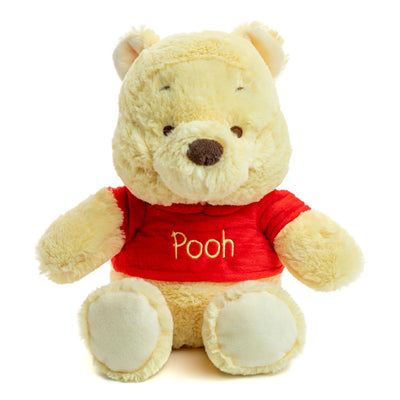 Plush bear toy wearing a red shirt with 'Pooh' on it on a white background
