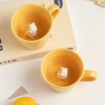 DIHOclub Cat Coffee Cup Hidden Ceramic Animal Inside Mug,Cute Cartoon Handmade Figurine Mugs,Holiday and Birthday Gift for Coffee Milk Tea Lovers,12 Oz(yellow)