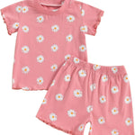 fhutpw Toddler Baby Girls Summer Outfits Daisy Ruffle Short Sleeve T-Shirts Tops Floral Shorts 2Pcs Clothes Set 6M-4T