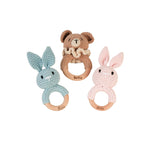 Personalized Crochet Baby Rattle, Wooden Animal Crochet Rattle, Wooden Rattle Ring with Engraved Baby Name, Baby Shower Gifts, Newborn Gifts