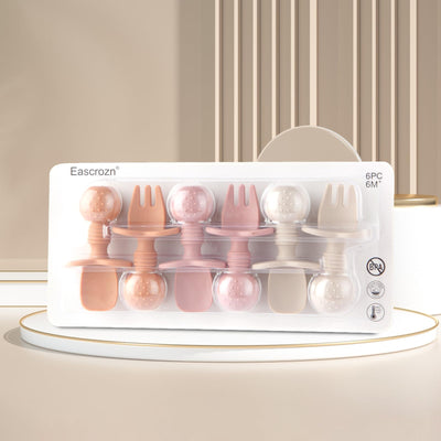 Eascrozn 6 Pack Baby Spoons and Forks Set, Silicone Baby Spoons Self Feeding 6 Months for Toddler Utensils,BPA Free, Baby Led Weaning Supplies Feeding Essentials,Dishwasher and Boil Safe
