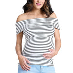 Motherhood Maternity Women’s Off-The-Shoulder Rib Knit Pregnancy Top, White/Black Stripe, Medium
