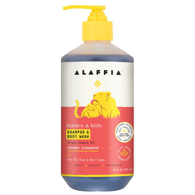 Alaffia shampoo and body wash bottle with yellow pump on a white background