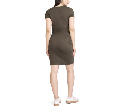 Motherhood Maternity Women's Crewneck Short Sleeve Side Ruched Ribbed Bodycon Mini Pregnancy Dress, Deep Depths, Medium