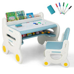 Costzon Toddler Table and Chair Set, Plastic Activity Desk w/Whiteboard, Watercolor Pens, Blackboard Eraser & Storage Shelf for Drawing Reading Dinning, Kids Table and Chair (Blue)