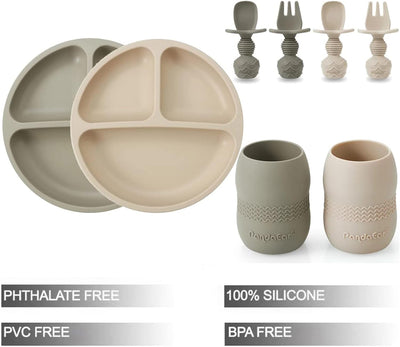 PandaEar Silicone Baby Feeding Set| 2 Pack Silicone Divided Suction Plate and 2 Pack Tiny Cup with 2 Spoons 2 Forks| Baby Led Weaning Supplies Self Feeding Eating Utensils (Light Tan/Walnut)