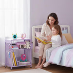 ECOLOVI Kids Nightstand 19in High for Floor Beds, 3-Tier Metal Small Bedside Table with Adjustable Storage Shelf, Basket & 3 S-Hooks, Low Nightstand for Nursery, Toddler Bedroom (Purple)
