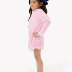 RuffleButts Girls UPF50+ Sun Protective Ruched Quarter-Zip Cover-Up - Pink Polka Dot, 10