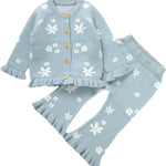 Yccutest Infant Girl Sweater Set 2 Piece Fall Winter Outfit Baby Girl Floral Knit Cardigan Top Flared Pants Toddler Clothes