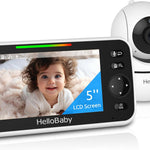 HelloBaby baby monitor with 5-inch LCD screen displaying a child's face, and camera unit on a white background.