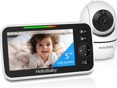HelloBaby baby monitor with 5-inch LCD screen displaying a child's face, and camera unit on a white background.