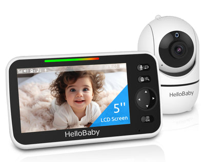 HelloBaby baby monitor with 5-inch LCD screen and camera on a white background