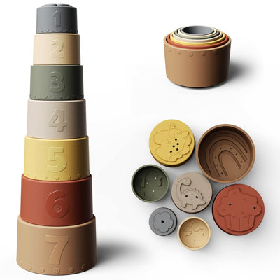 Stackable cups with numbers and shapes on a white background