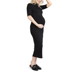 Motherhood Maternity Women's Elbow Sleeve Ribbed Mock Neck Maxi Pregnancy Dress, Black, Medium