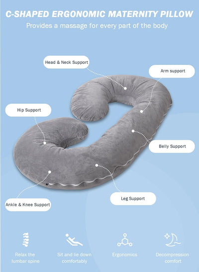 INSEN Pregnancy Pillow,Maternity Body Pillow with Velvet Cover,C Shaped Body Pillow for Sleeping (Grey)