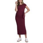 Motherhood Maternity Women's Short Sleeve Crew Neck Side Tie Detail Midi Casual Pregnancy Dress, Tawny Port, Medium