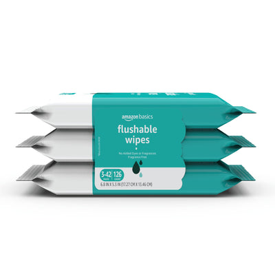 Pack of Amazon Basics flushable wipes on a white background