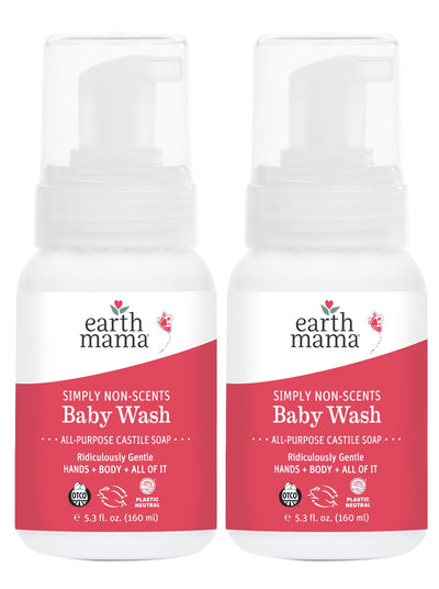 Two bottles of earth mama Simply Non-Scents Baby Wash on a white background