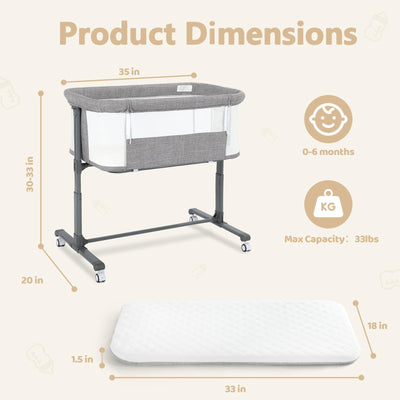Kinder King Baby Bassinet Bedside Sleeper, Newborn Baby Bedside Crib w/Wheels, All-Sided Mesh, Adjustable Height, Removable Soft Mattress, No Tool to Assemble, Grey
