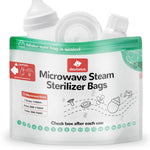 Microwave steam sterilizer bags packaging with text and icons on a white background