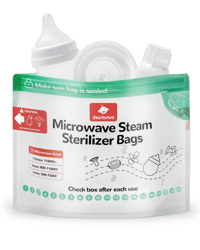 Microwave steam sterilizer bags packaging with text and icons on a white background