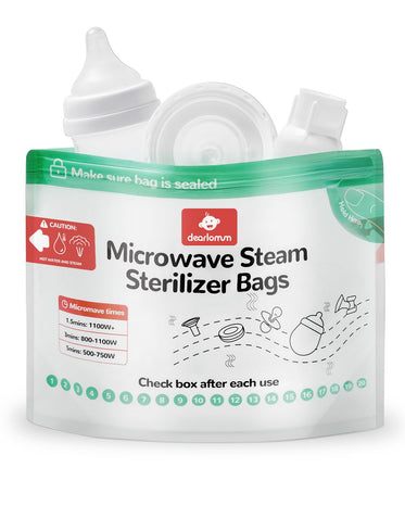 Microwave steam sterilizer bags packaging with text and icons on a white background