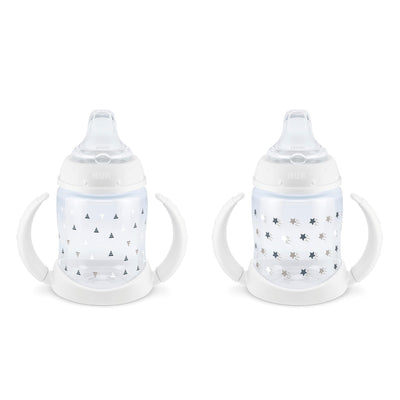 Two baby bottles with star and triangle patterns on a white background