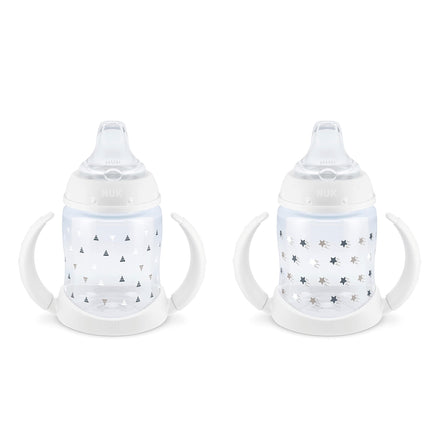 Two baby bottles with star and triangle patterns on a white background