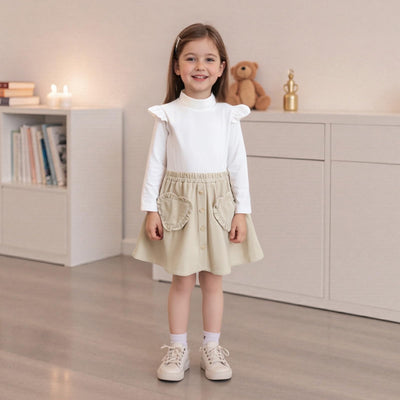 Toddler Little Girls Corduroy Skirts Decorative Buttons Ruffled Trim Elastic Waist A Line Skirt with Love Heart Pocket (A-Beige, 1-2 Years)