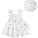Vibebox Baby Girl Dresses 3-6 Months Ruffle Sleeveless Button Cotton Clothes Birthday Gifts Infant Girls 6 Months White Cherries Summer Beach Garden Party Wedding Casual Dress with Cute Hat and Bag