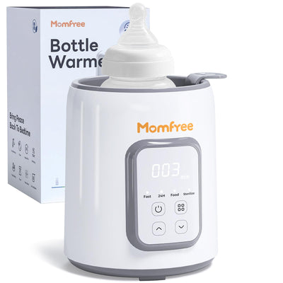 Momfree bottle warmer with digital display and control panel, next to its packaging.