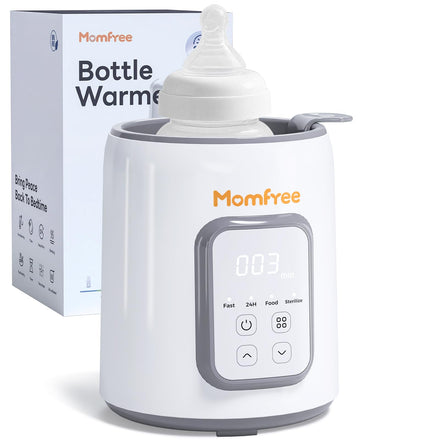 Momfree bottle warmer with digital display and control panel, next to its packaging.