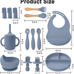Silicone Baby Feeding Set 14 Pcs,Baby Led Weaning Supplies, Baby Spoons Suction Bowl Divided Plate Bib Cup Finger Brush,First Stage Solid Food Eating Utensils - 6+ Months(Blue Gray)